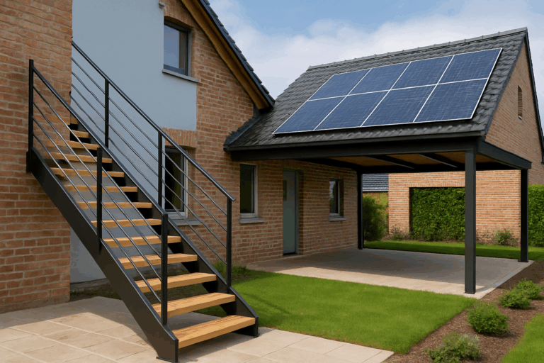 Un escalier moderne en bois et métal à côté d'un carport avec panneaux solaires, dans un environnement de maison rénovée économe en énergie.