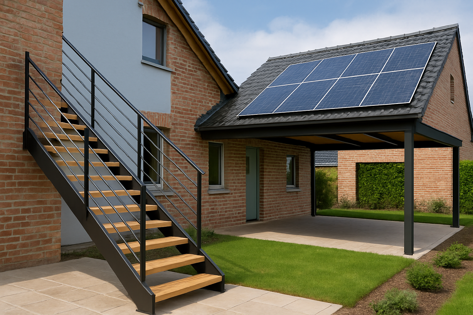 Un escalier moderne en bois et métal à côté d'un carport avec panneaux solaires, dans un environnement de maison rénovée économe en énergie.