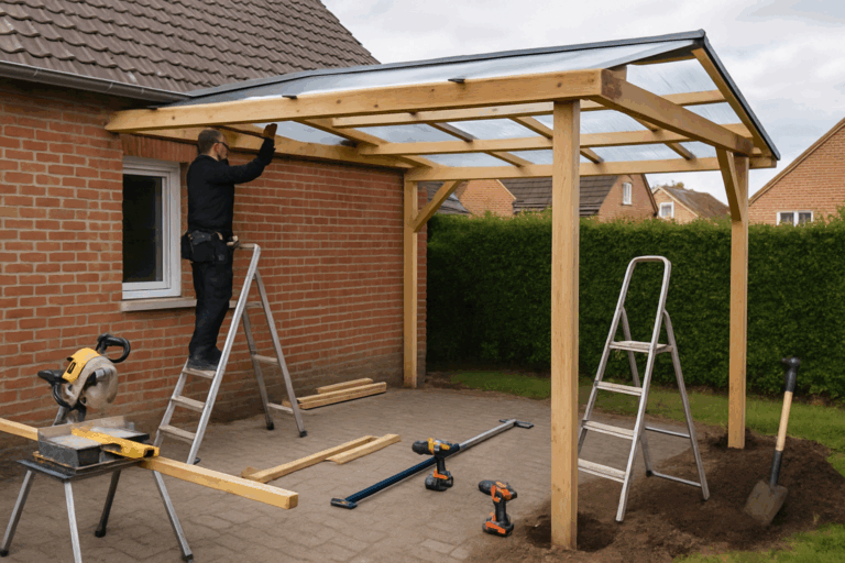 Une image montrant l'installation d'un carport adossé avec des outils et matériaux, dans un cadre en Hauts-de-France.