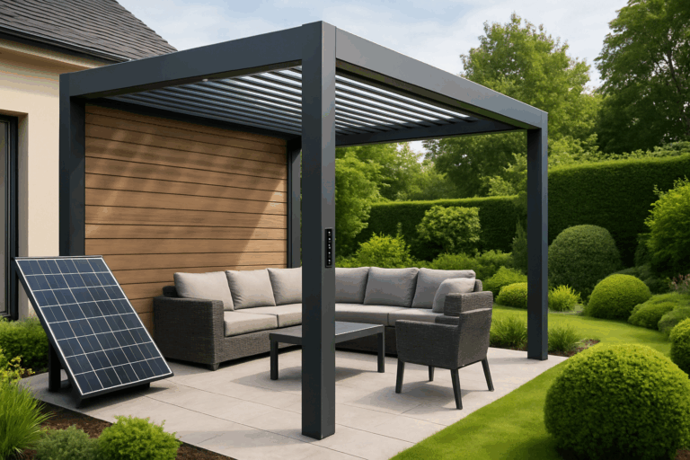 Création d'une pergola moderne intégrée à un jardin élégant, avec des matériaux durables et des technologies connectées.
