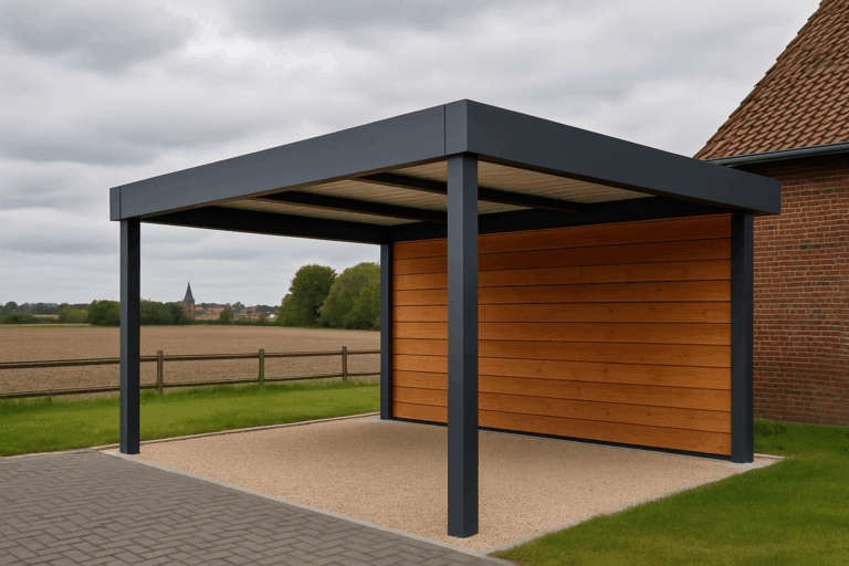 Une image d'un carport moderne mixant aluminium, acier, et bois, avec un fond typique des Hauts-de-France.