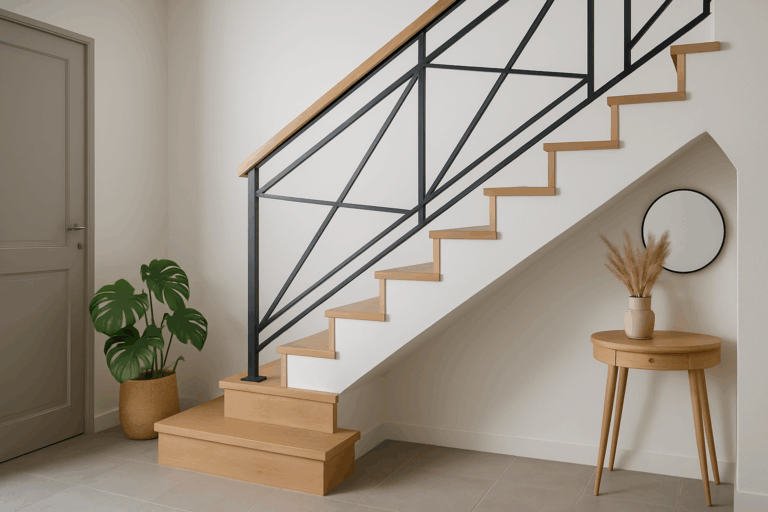 a stylish and modern staircase with a personalized railing in a French contemporary home