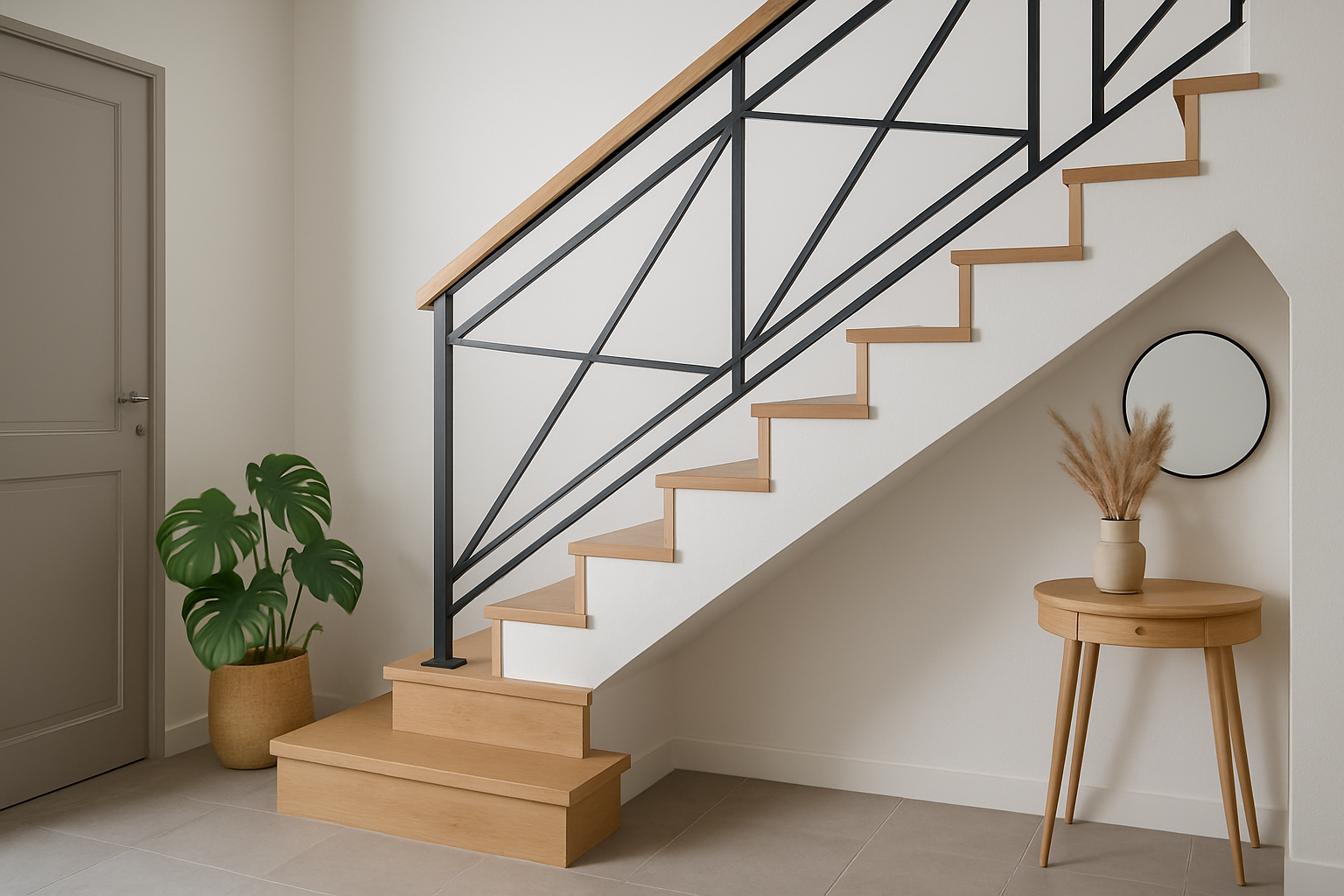 a stylish and modern staircase with a personalized railing in a French contemporary home