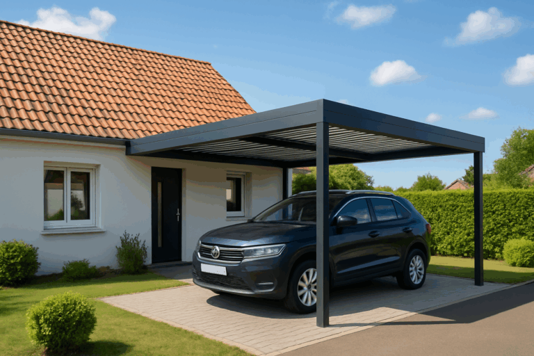 un carport moderne installé dans une maison en Hauts-de-France, illustrant une journée ensoleillée