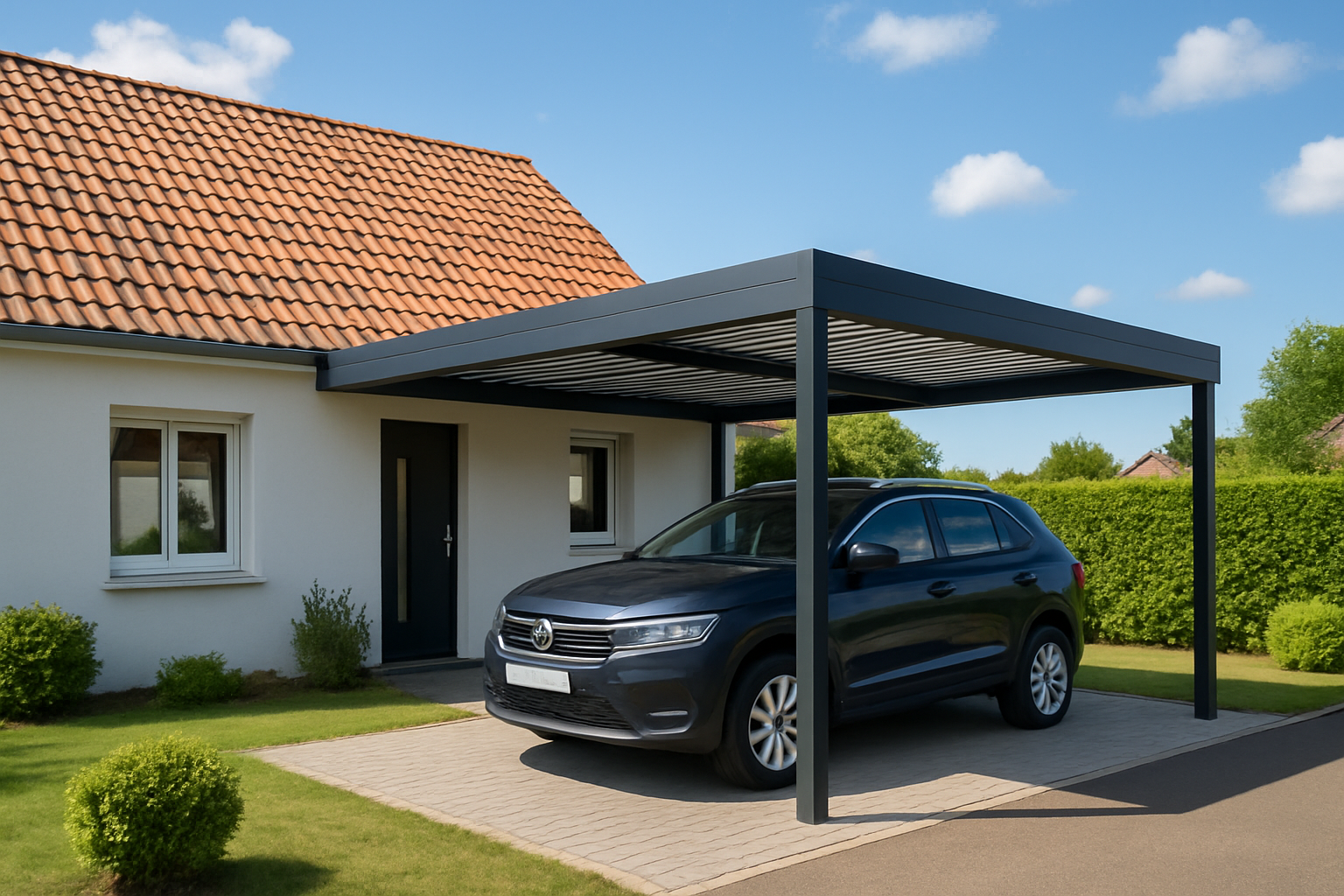 un carport moderne installé dans une maison en Hauts-de-France, illustrant une journée ensoleillée