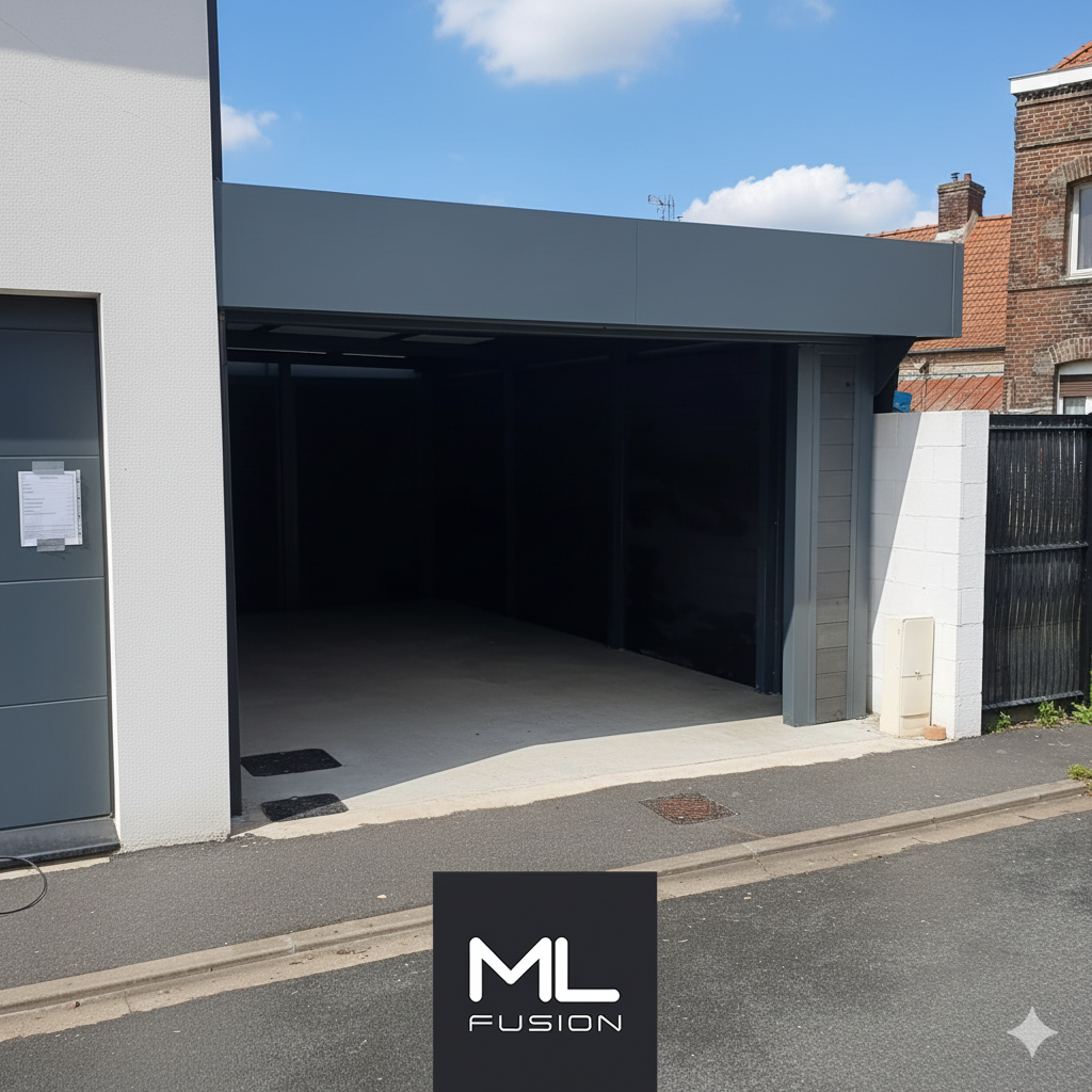 Carport aluminium semi-fermé moderne installé à Béthune, alliant design contemporain et protection optimale pour véhicule.