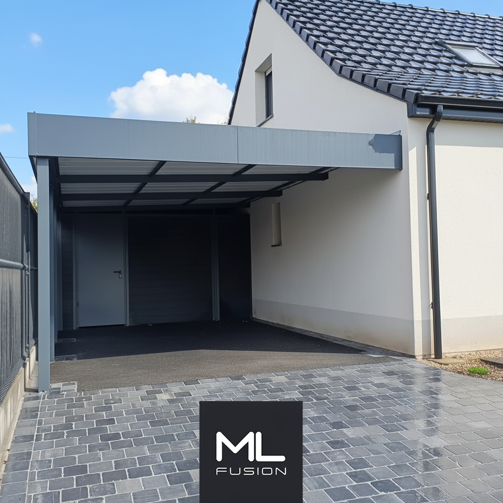 Carport semi-ouvert adossé à une maison moderne, structure en acier avec toiture plate protégeant deux véhicules