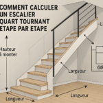 Un escalier quart tournant moderne dans une maison des Hauts-de-France, avec des instructions de mesure et de design autour.