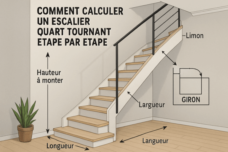 Un escalier quart tournant moderne dans une maison des Hauts-de-France, avec des instructions de mesure et de design autour.