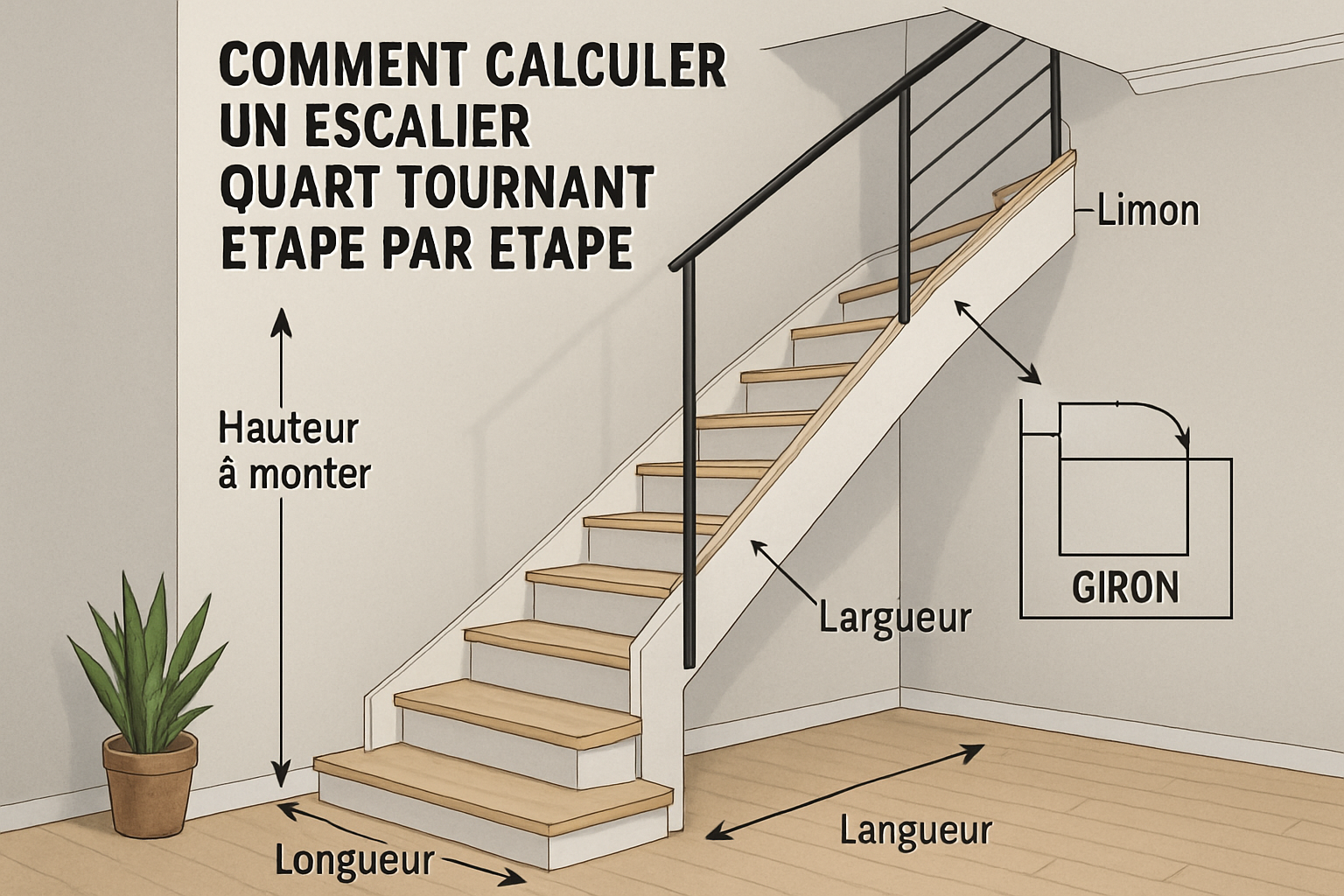 Un escalier quart tournant moderne dans une maison des Hauts-de-France, avec des instructions de mesure et de design autour.