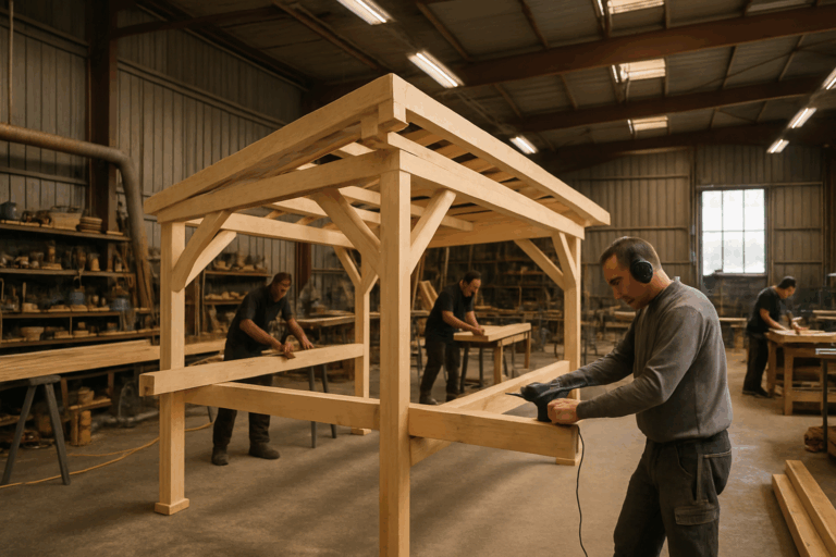 Un carport sur-mesure en cours de fabrication, avec un focus sur l'atelier et les artisans travaillant, situé à Calais, Hauts-de-France.