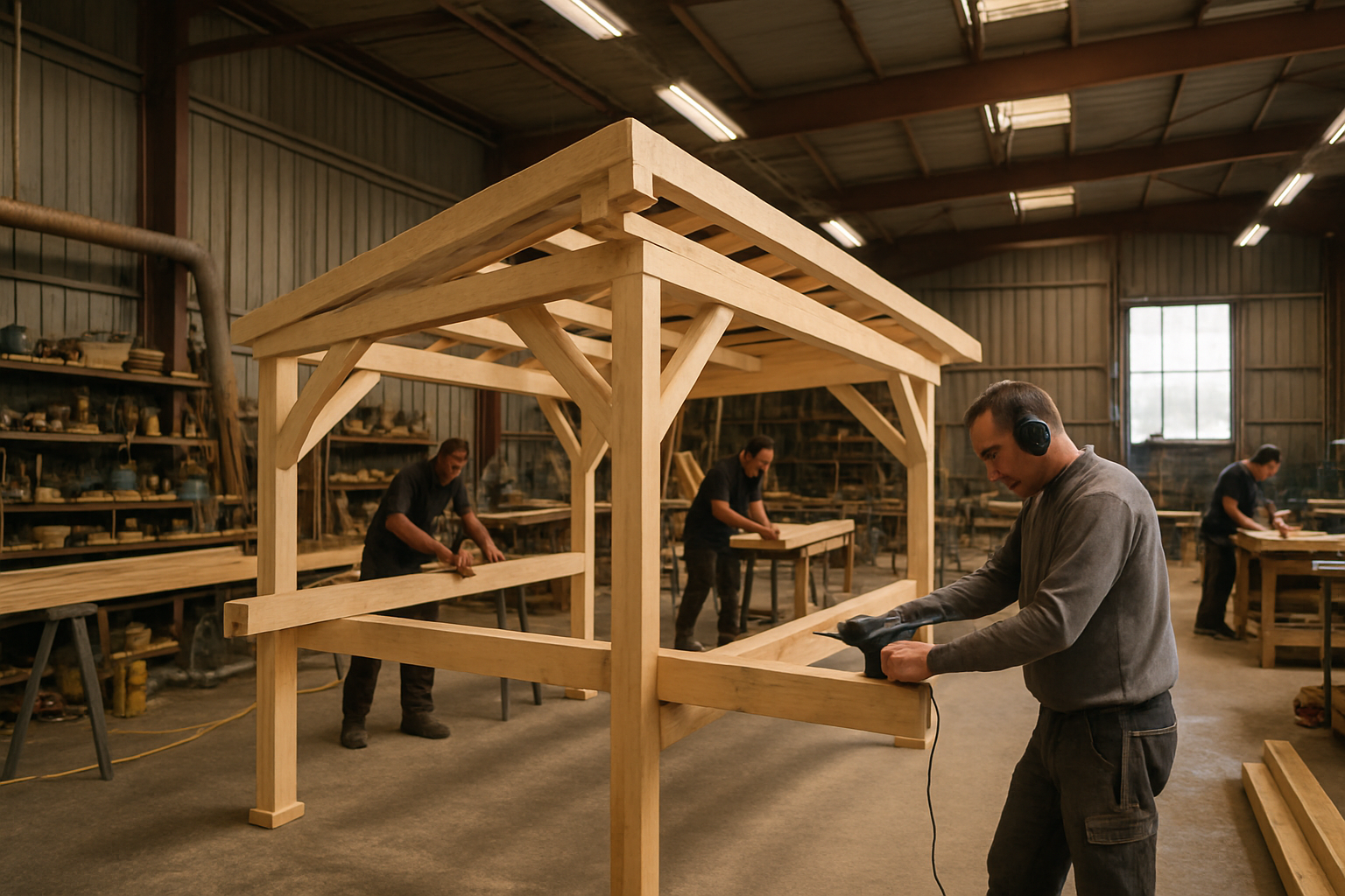 Un carport sur-mesure en cours de fabrication, avec un focus sur l'atelier et les artisans travaillant, situé à Calais, Hauts-de-France.