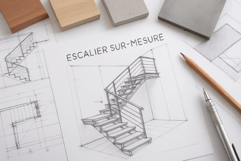 Generate a featured image illustrating a custom staircase design plan in Nord-Pas-de-Calais with architectural sketches and material samples.