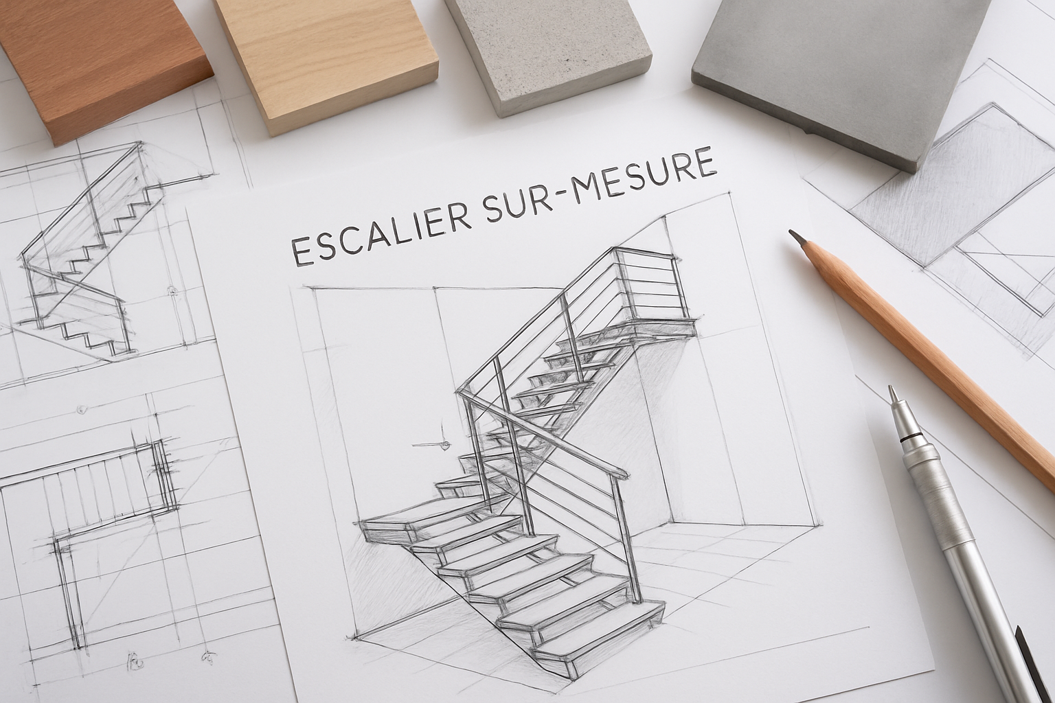 Generate a featured image illustrating a custom staircase design plan in Nord-Pas-de-Calais with architectural sketches and material samples.