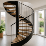 Un escalier hélicoïdal moderne dans un intérieur lumineux, typique du Nord-Pas-de-Calais.