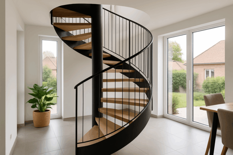 Un escalier hélicoïdal moderne dans un intérieur lumineux, typique du Nord-Pas-de-Calais.