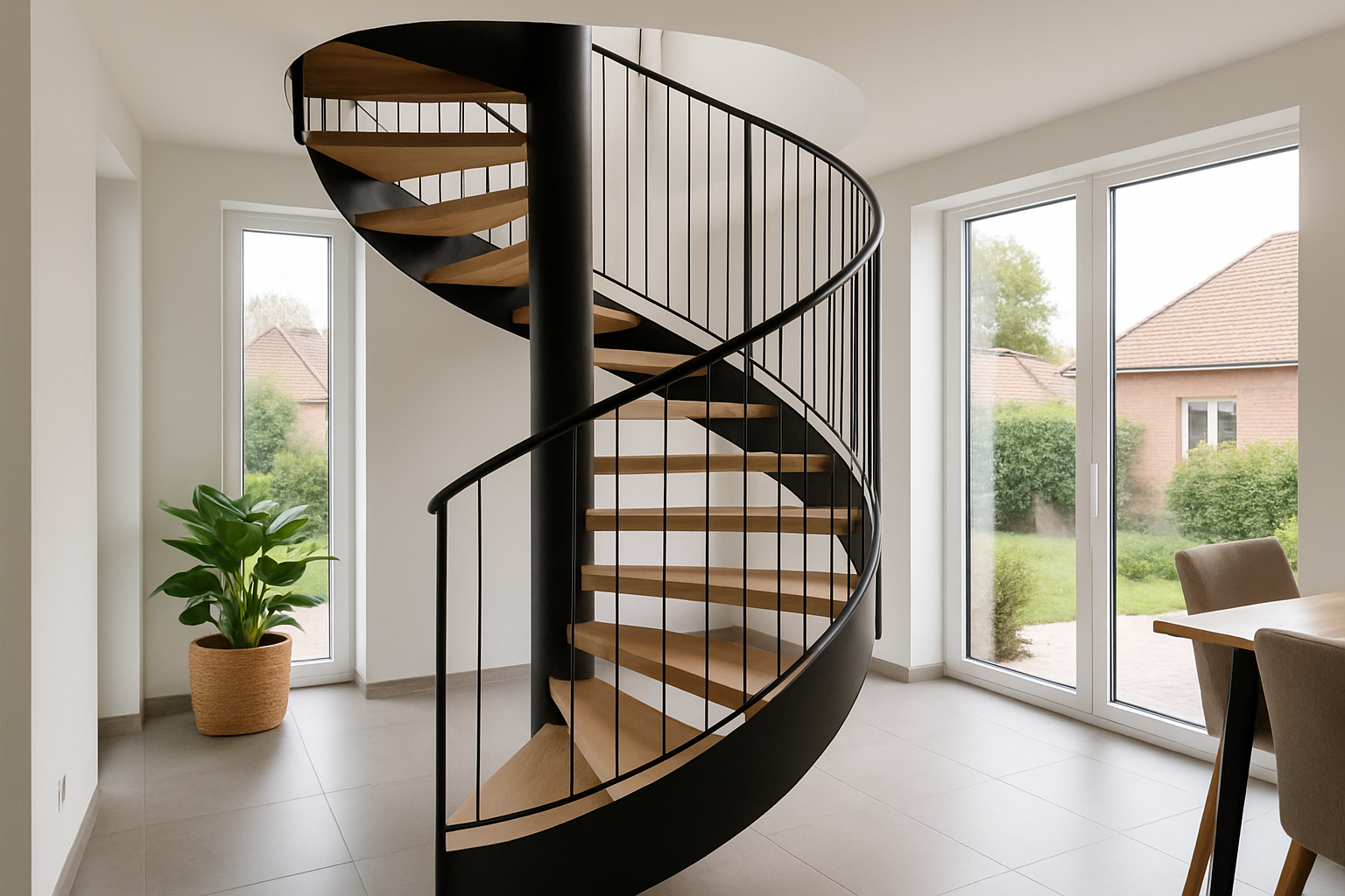 Un escalier hélicoïdal moderne dans un intérieur lumineux, typique du Nord-Pas-de-Calais.