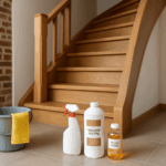 un escalier en bois dans une maison du Nord-Pas-de-Calais avec des produits d'entretien à côté