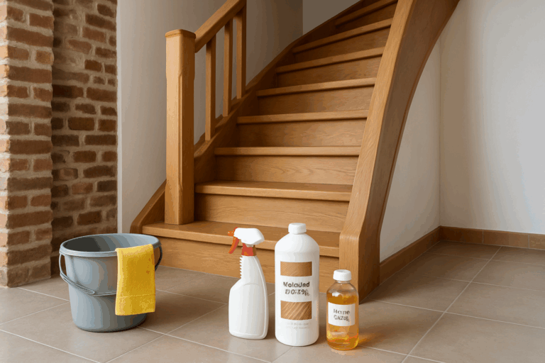 un escalier en bois dans une maison du Nord-Pas-de-Calais avec des produits d'entretien à côté
