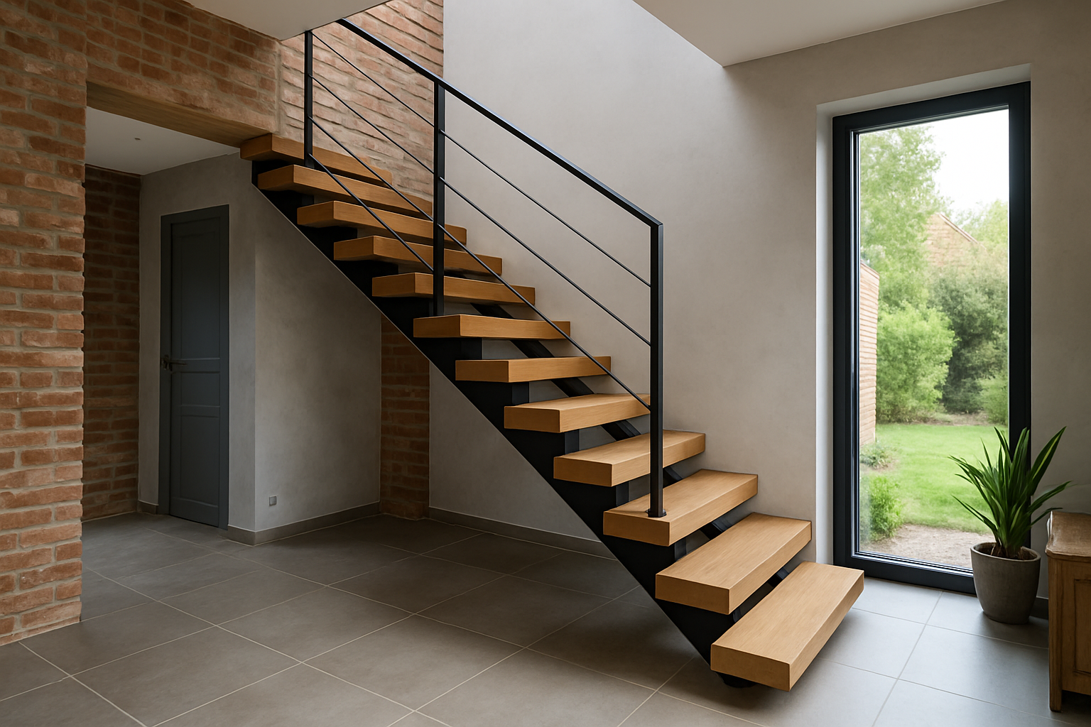 Un escalier sur-mesure moderne dans une maison du Nord-Pas-de-Calais, avec matériaux locaux.