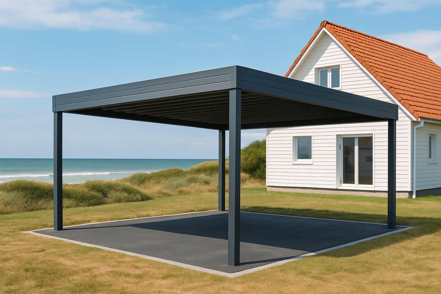 Un carport sur-mesure moderne et résistant aux intempéries, situé dans un paysage côtier à Calais, avec une maison en arrière-plan.