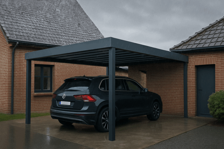 Un carport sur-mesure moderne dans une maison du Nord-Pas-de-Calais. Pluie ou vent, modernité et praticité.