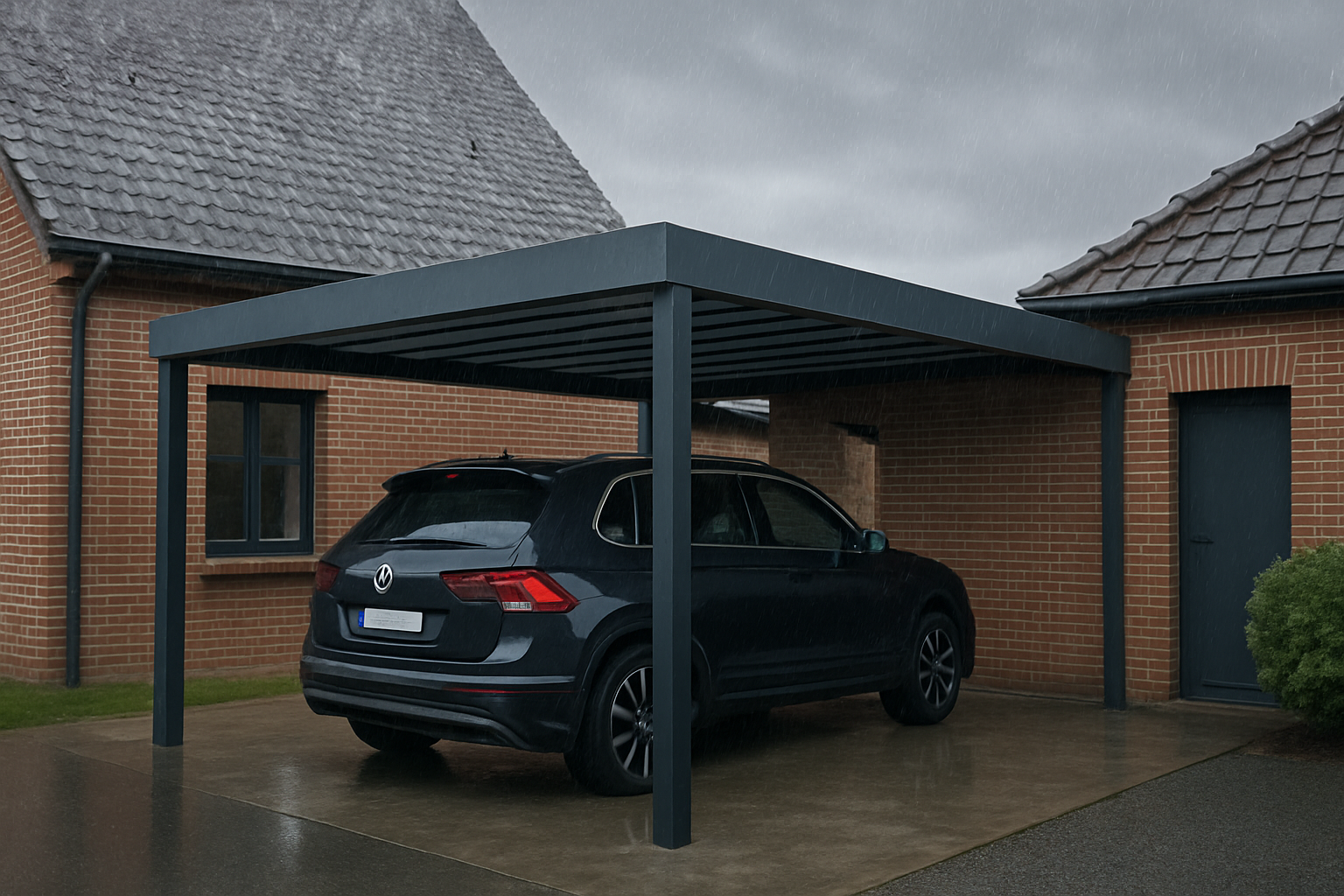 Un carport sur-mesure moderne dans une maison du Nord-Pas-de-Calais. Pluie ou vent, modernité et praticité.