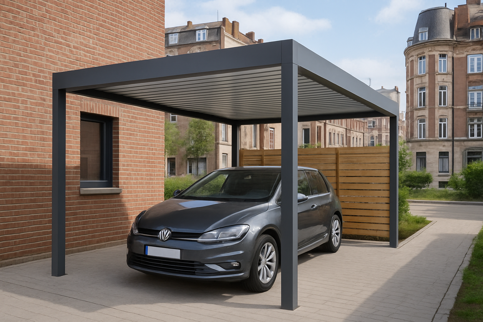 un prompt pour générer une image d'un carport moderne sur-mesure dans un environnement urbain à Lille.