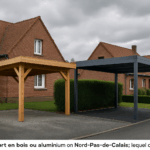 Un carport en bois et un en aluminium dans un environnement typique du Nord-Pas-de-Calais, avec un climat nuageux.