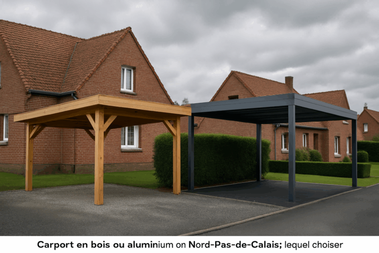 Un carport en bois et un en aluminium dans un environnement typique du Nord-Pas-de-Calais, avec un climat nuageux.