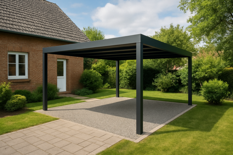 générer une image d'un carport moderne sur mesure intégré dans un jardin d'une maison à Nord-Pas-de-Calais