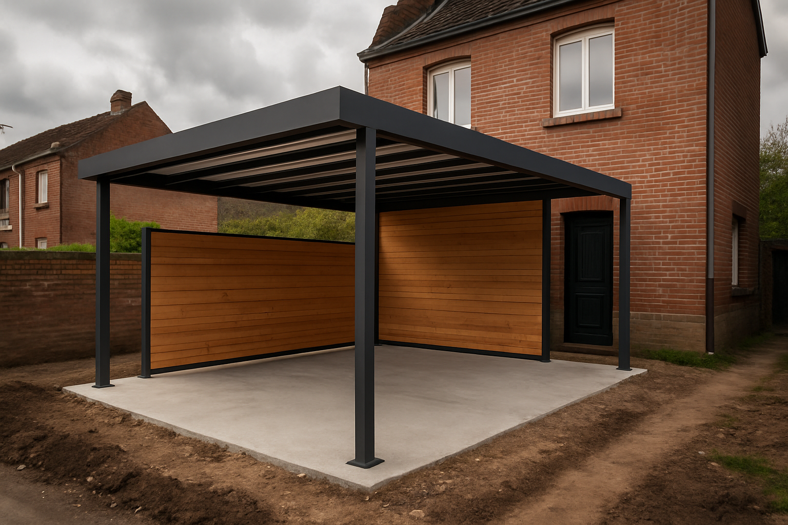 Un carport moderne sur-mesure installé devant une maison à Lille sous un ciel nuageux, mélangeant métal et bois.