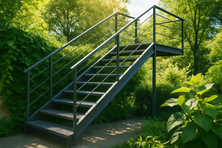 Un escalier métallique moderne entouré de verdure et baigné par la lumière, représentatif de la région Hauts-de-France.