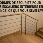 une image d'un escalier intérieur moderne avec garde-corps aux normes françaises, dans un éclairage doux
