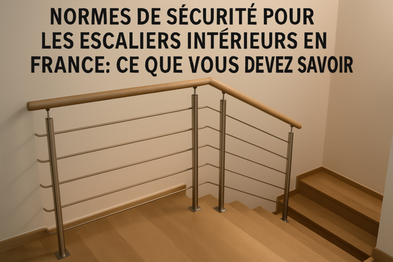 une image d'un escalier intérieur moderne avec garde-corps aux normes françaises, dans un éclairage doux