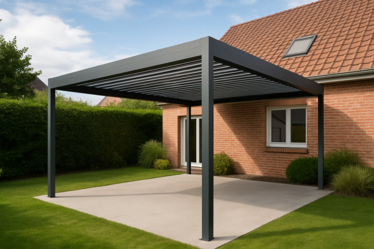 créez une image montrant un carport en aluminium moderne installé dans un jardin à Calais, avec une maison en arrière-plan. L'image doit refléter une atmosphère contemporaine et élégante.