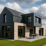 une maison moderne avec des éléments en aluminium, située dans un paysage des Hauts-de-France, ciel nuageux en arrière-plan