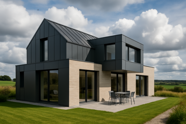 une maison moderne avec des éléments en aluminium, située dans un paysage des Hauts-de-France, ciel nuageux en arrière-plan