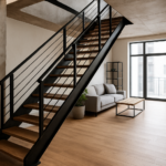 Créer une image d'un escalier industriel dans un intérieur moderne lumineux avec des matériaux en métal et bois, style loft.