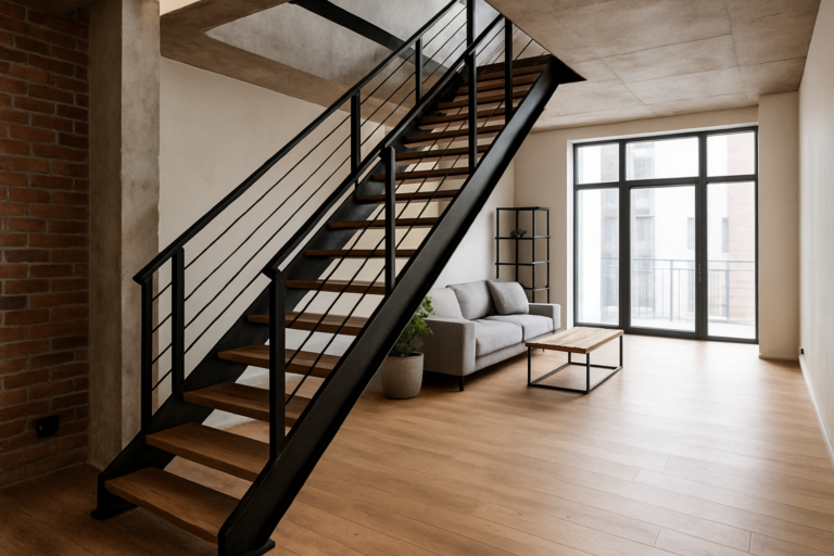 Créer une image d'un escalier industriel dans un intérieur moderne lumineux avec des matériaux en métal et bois, style loft.