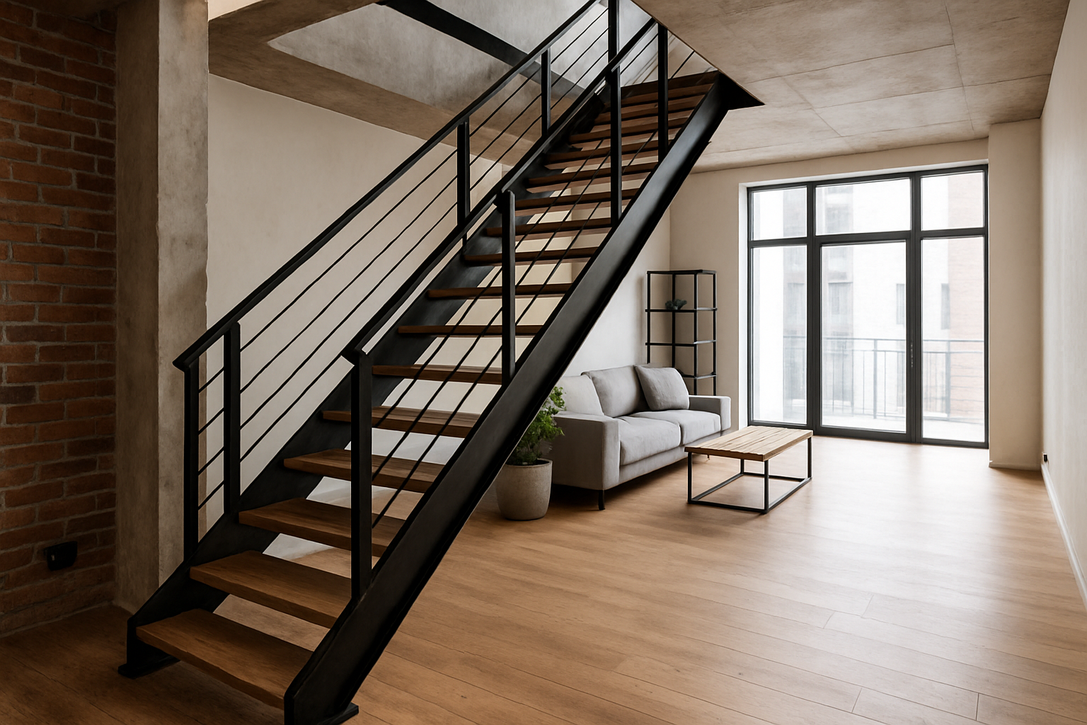 Créer une image d'un escalier industriel dans un intérieur moderne lumineux avec des matériaux en métal et bois, style loft.
