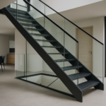 a modern staircase blending steel and glass in a contemporary interior, set in a home in Hauts-de-France, depicting elegance and functionality.