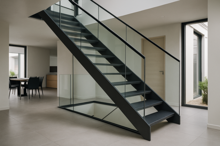 a modern staircase blending steel and glass in a contemporary interior, set in a home in Hauts-de-France, depicting elegance and functionality.