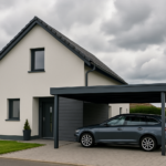 Une maison moderne avec un carport élégant sous un ciel typiquement nuageux des Hauts-de-France.