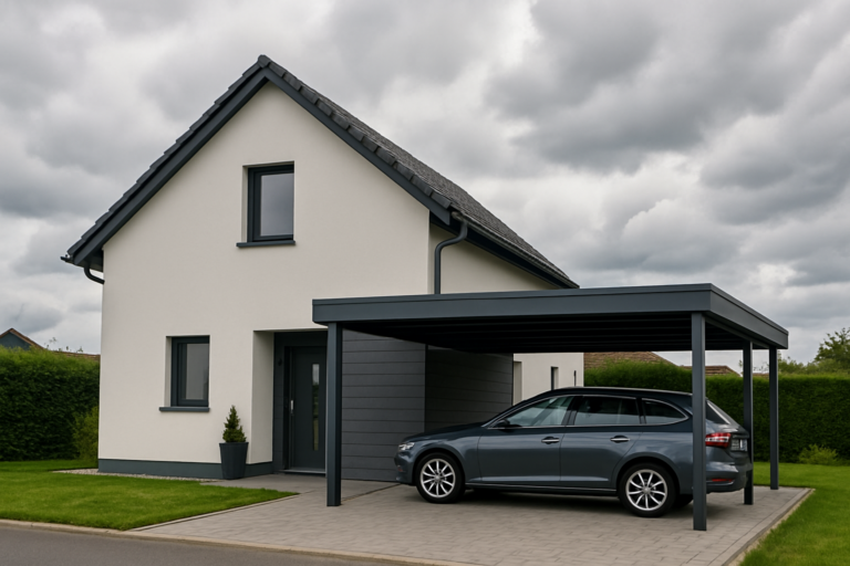 Une maison moderne avec un carport élégant sous un ciel typiquement nuageux des Hauts-de-France.
