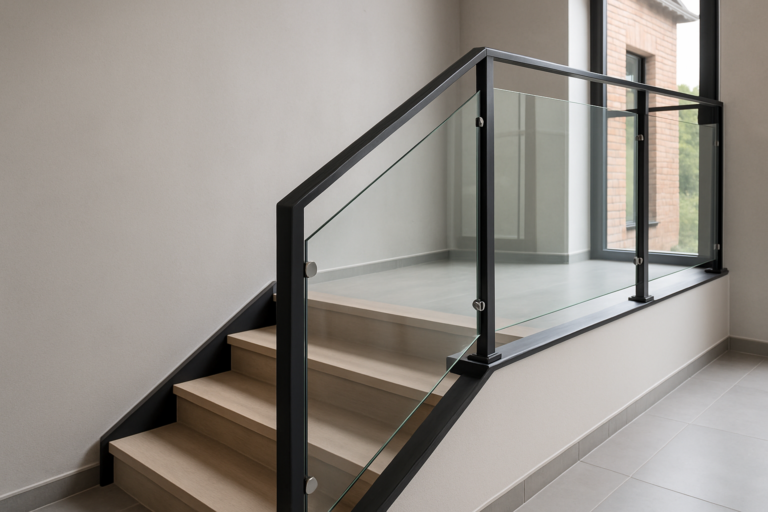 conception de garde-corps moderne pour escalier, incluant métal et verre, dans une maison contemporaine en Hauts-de-France.