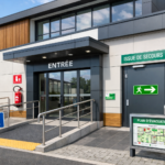 Créer une image d'un bâtiment aux normes ERP avec des éléments de sécurité et accessibilité visibles, dans un style moderne et architectural.