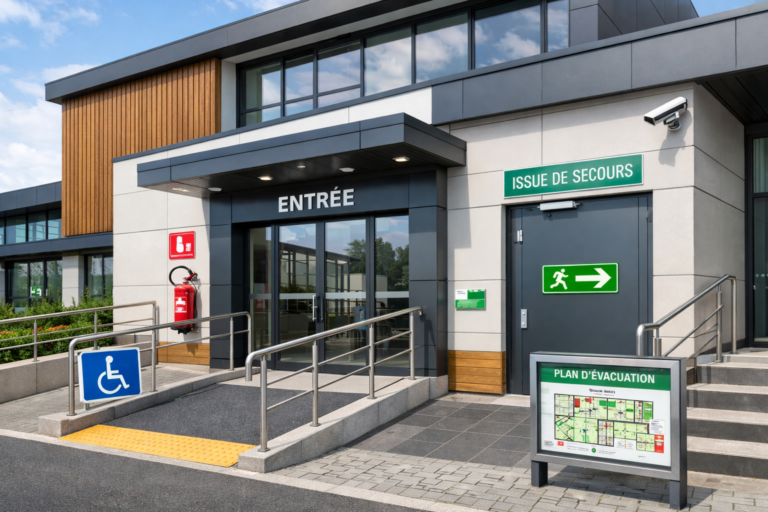 Créer une image d'un bâtiment aux normes ERP avec des éléments de sécurité et accessibilité visibles, dans un style moderne et architectural.
