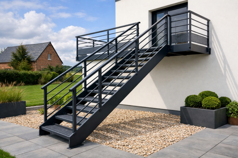 un escalier métallique moderne en extérieur avec finition termolaquée en Hauts-de-France
