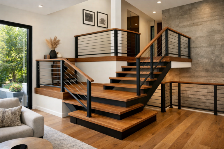 A modern wooden and metal staircase with an intermediate landing in a contemporary home.